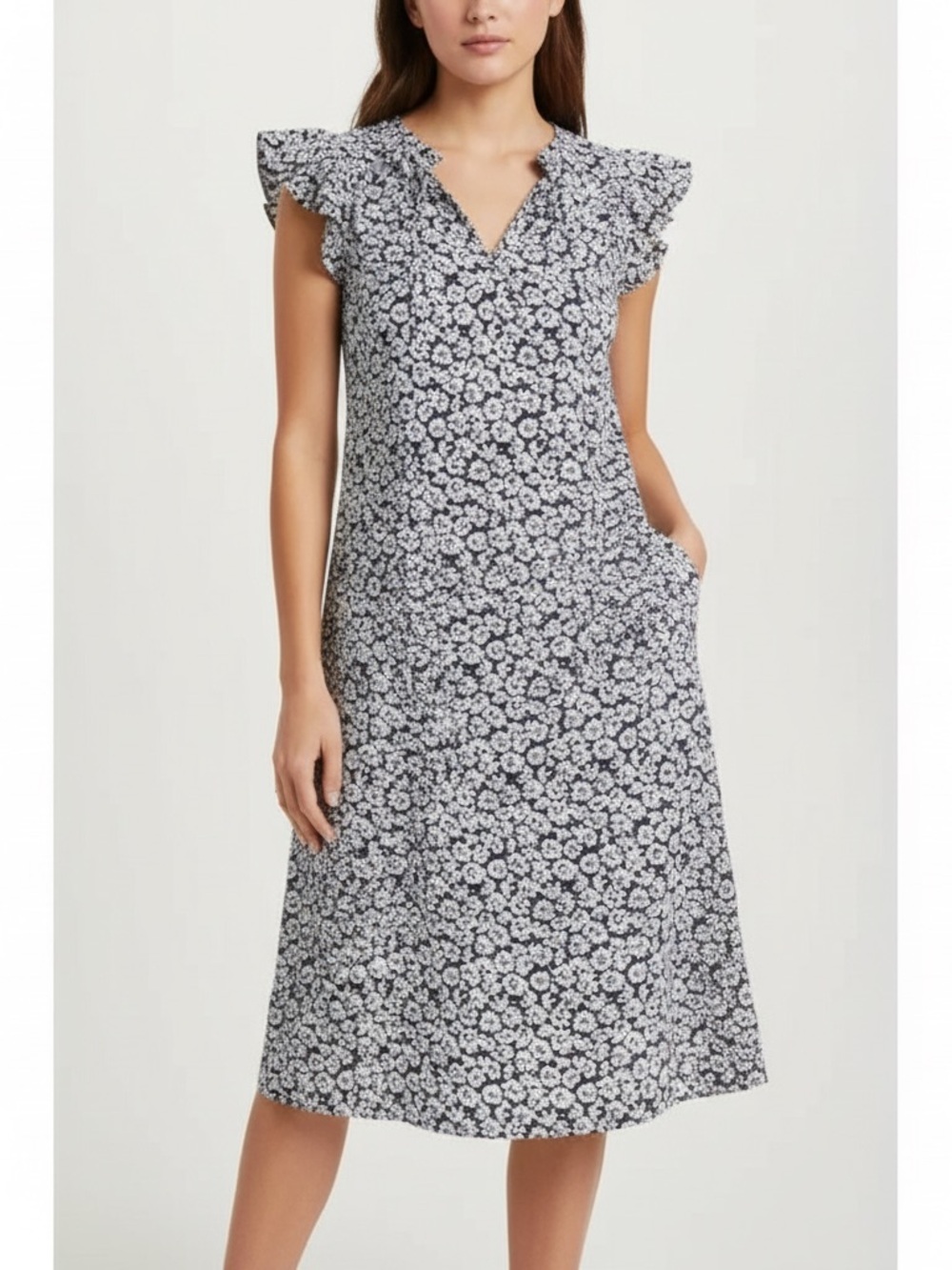 J. Crew Factory Daisy Floral V-Neck Flutter Sleeve Midi Dress Size 2 Navy White